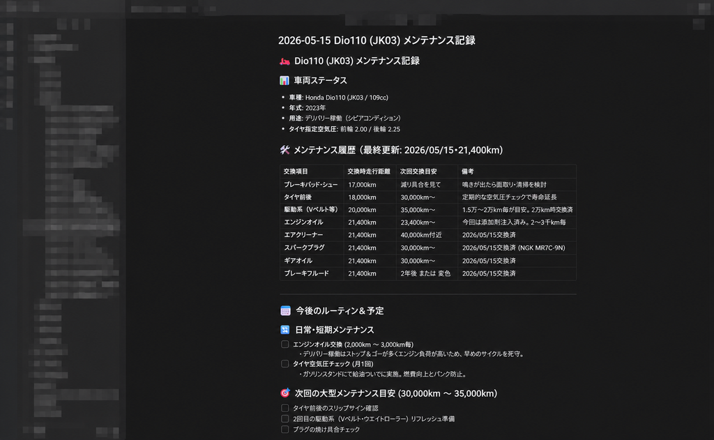 バイクの整備記録